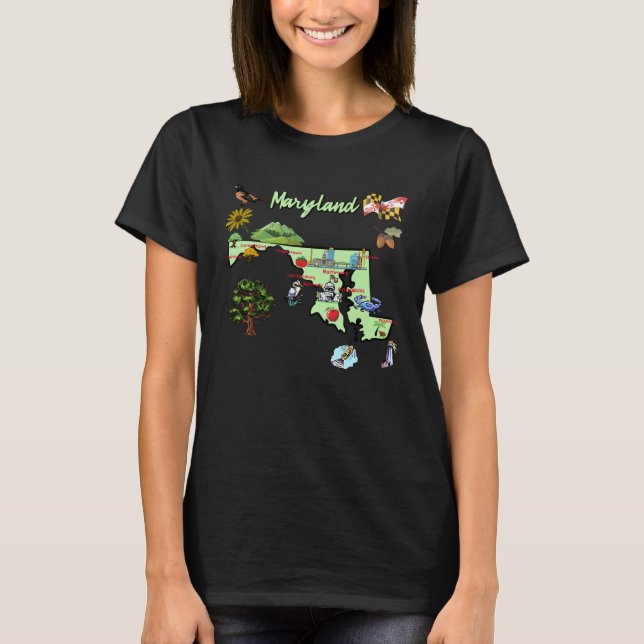 Maryland Staat Touristenkarte mit Sehenswürdigkeit T-Shirt (Vorderseite)