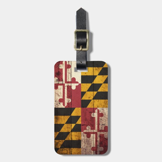 Maryland-Staats-Flagge auf altem hölzernem Korn Gepäckanhänger (Vorderseite vertikal)