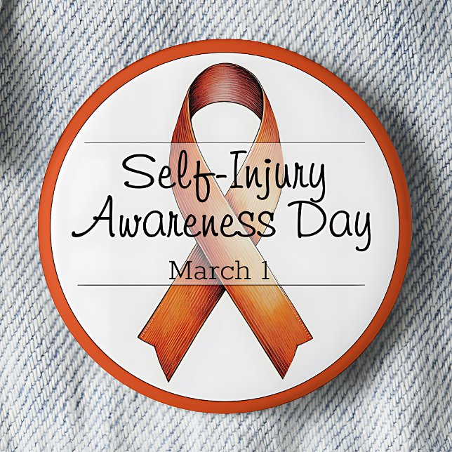 März 1 Tag der Selbstverletzung Button (Self-Injury Awareness Day.  March 1. Orange Awareness Ribbon. Pinback button.)