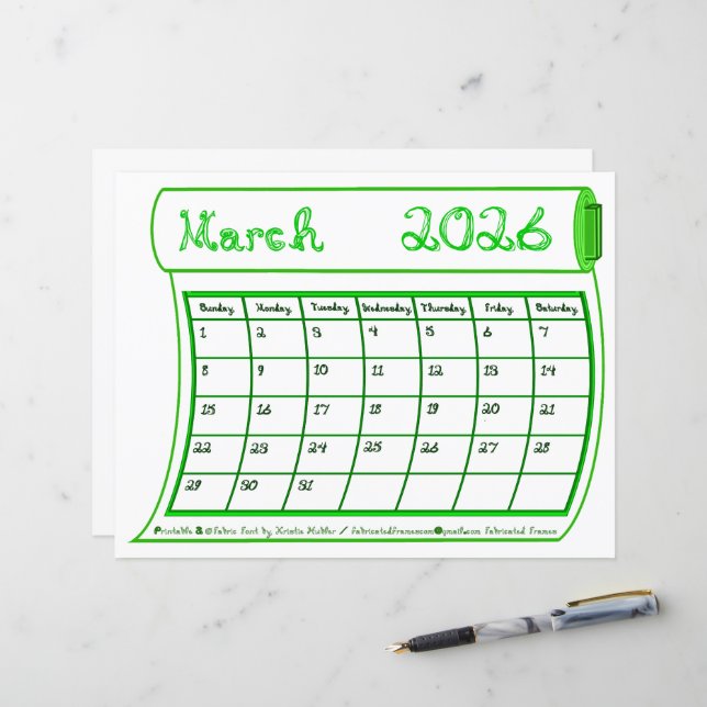März 2026 Monat Grüne Linie Kunst Stoff Schrift Pa (Vorderseite/Rückseite Beispiel)