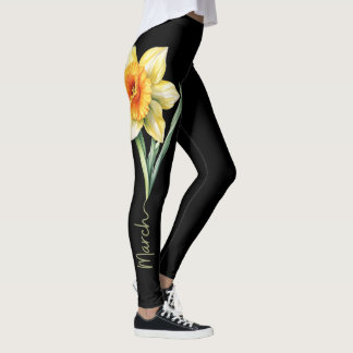 März Birth Blume, Gelbes Daffodin auf Schwarz Leggings