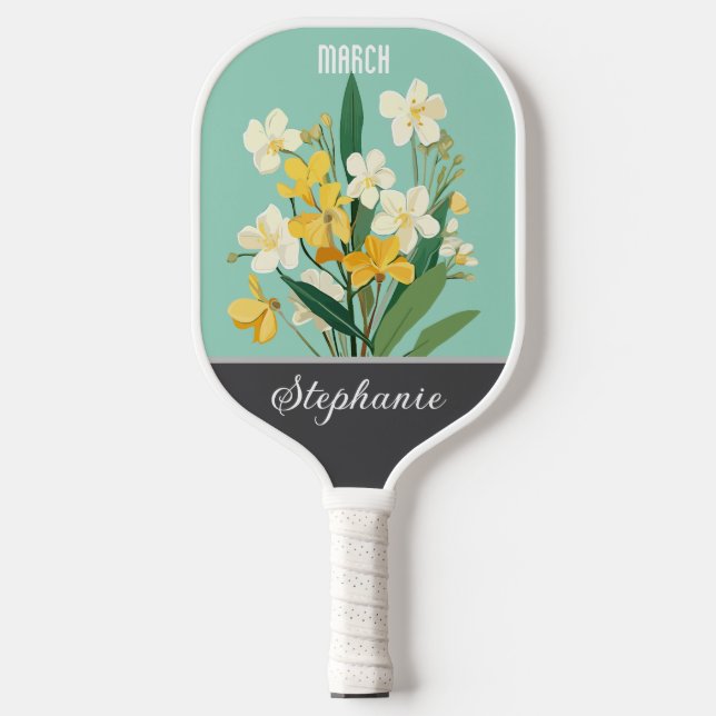 März Birth Blume Individuelle Name Pickleball Schläger (Vorderseite)