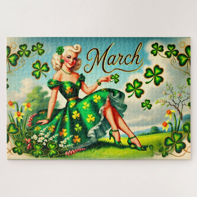 März Retro Button-Up Girl St. Patrick's Day (Horizontal)