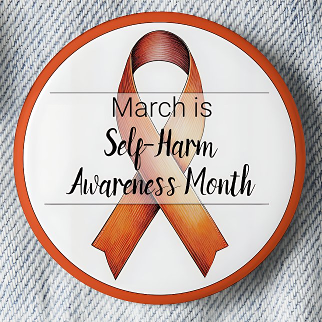 März-Selbstverletzungsmonat Button (March is Self-Harm Awareness Month pinback button. Orange Awareness ribbon.)