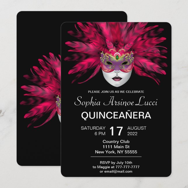 Mascarade colorée Quinceañera Party Invitation (Devant / Derrière)