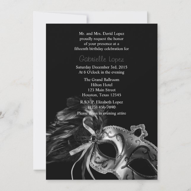 Mascarade d'argent Quinceanera Ball Invitation (Dos)