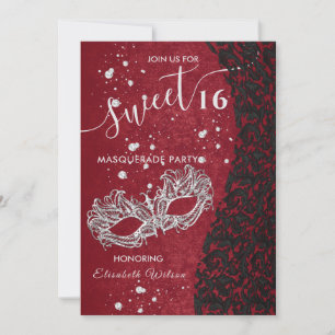 Mascarade diamant damassé rouge doux 16 invitation
