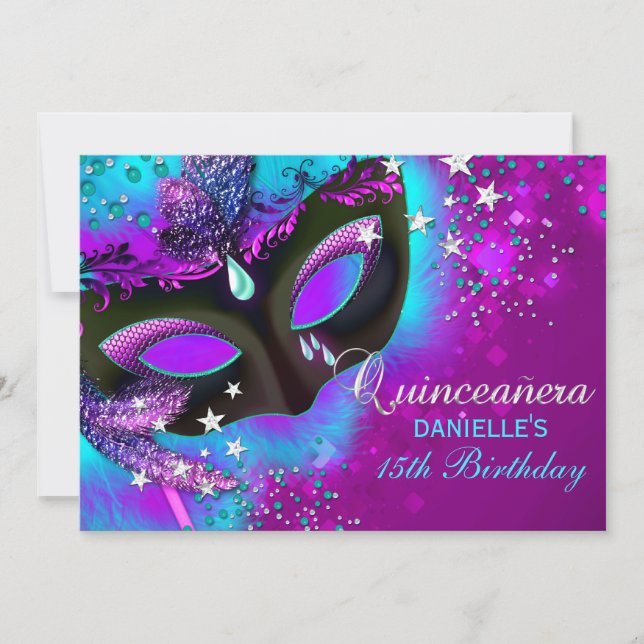 Mascarade rose et Turquoise Quinceanera Invitation (Devant)