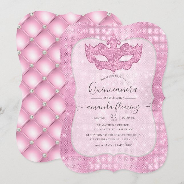 Mascarade rose vintage Quinceañera Invitation (Devant / Derrière)