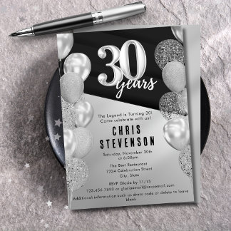 Masculine Black Silver Balloons 30. Geburtstag Einladung