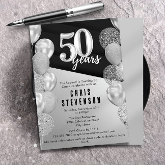 Masculine Black Silver Balloons 50. Geburtstag Einladung