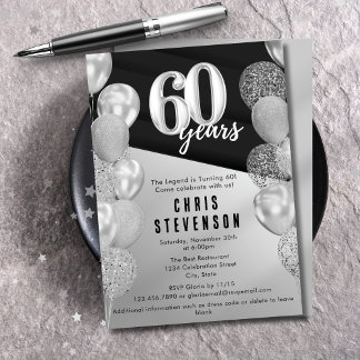 Masculine Black Silver Balloons 60. Geburtstag Einladung