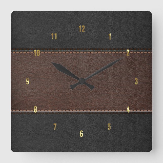 Masculine Brown & Black Stich Leder Textur Quadratische Wanduhr (Vorderseite)