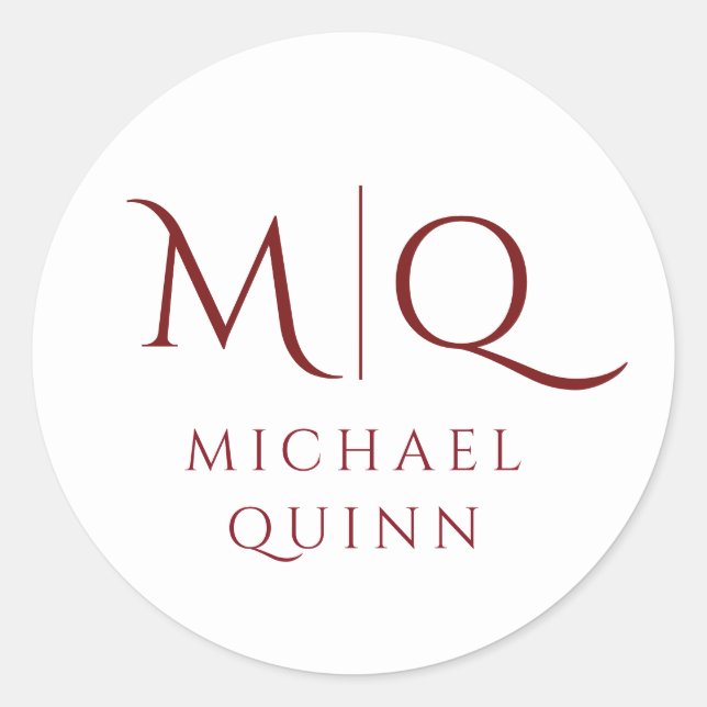 Masculine Burgundy Red Monogram Runder Aufkleber (Vorderseite)