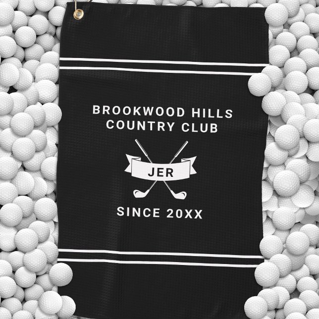 Masculine Modern Monogram Black White Golfer Clubs Golfhandtuch (Modern Golfer Monogram Initials Golf Clubs Black Golf Towel)
