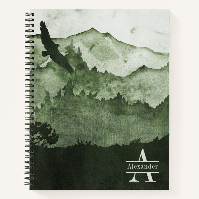 Masculine Mountains Forest Green Monogram Name Notizbuch (Vorderseite)