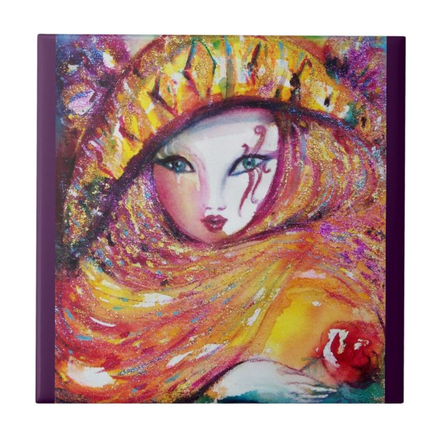 MASK IN GELBEN / Venezianischer Maskenball, Lila Fliese (Vorderseite)