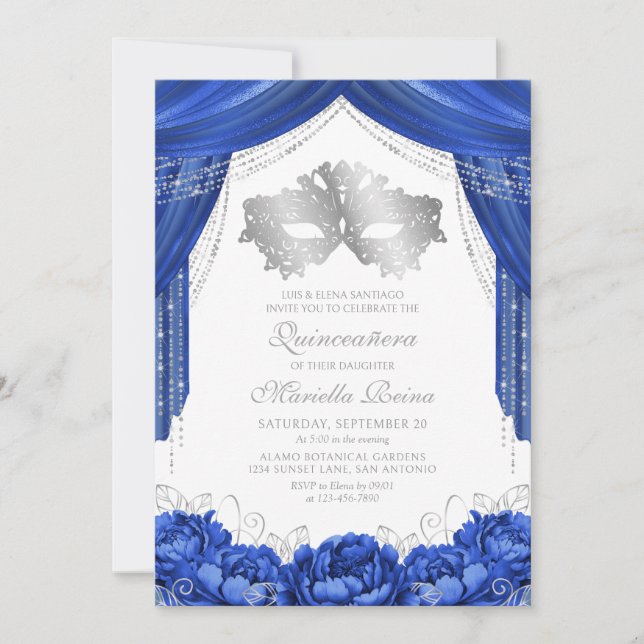Mask Masquerade Royal Blue Quinceanera Einladung (Vorderseite)