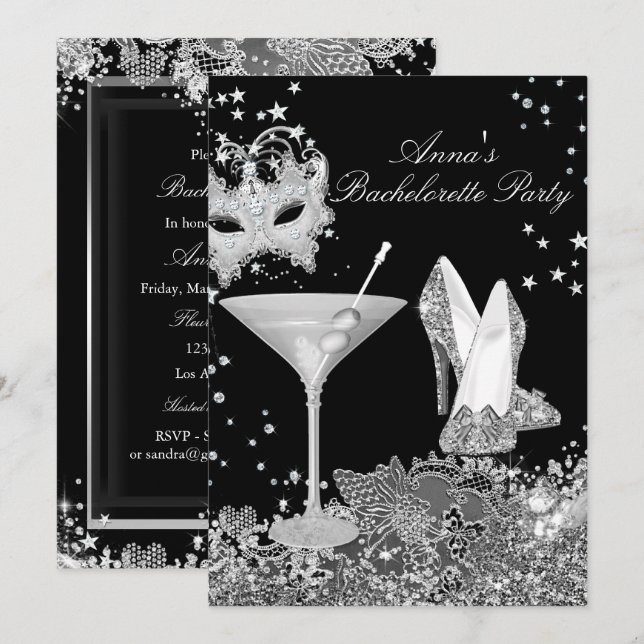 Mask & Silver Jewel Lace Junggeselinnen-Abschied l Einladung (Vorne/Hinten)