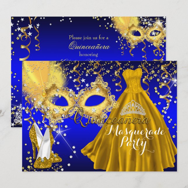 Mask Tiara Masquerade Quinceanera Gold Blue Einladung (Vorne/Hinten)