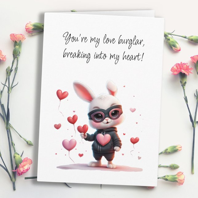 Maske Bunny Steals a Heart, Hoppy Valentine's Day Karte (Masked Bunny Steals a Heart, Hoppy Valentine's Day Card)