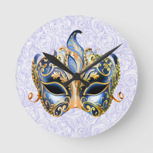Maske mit Verzierten goldenen und blauen Mustern Runde Wanduhr