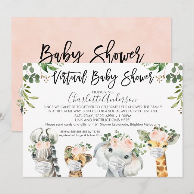 Maske Safari Animals Virtual Baby Dusche Einladung (Vorne/Hinten)