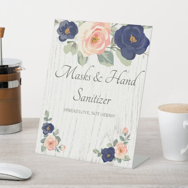 Masken & Hand Sanitizer Blau, Peach Floral Wedding Sockelschild (In SItu)