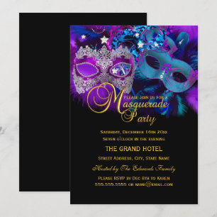 Masken zum Maskenball in Rosa, Lila und Blau - Ein Einladung