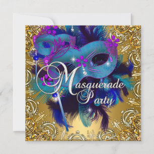 Maskenball Blau Gold Lila Einladung