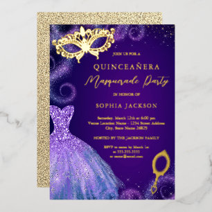 Maskenball Gold Lila Kleid Quinceanera Folieneinladung