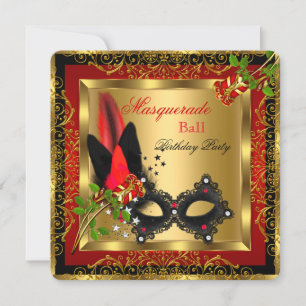 Maskenball Gold Rot Schwarz Maske Rose Einladung