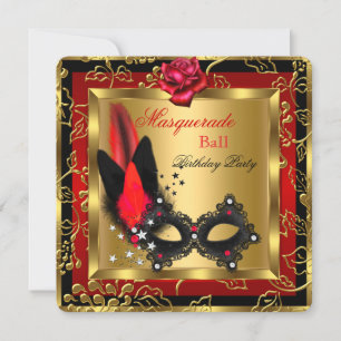 Maskenball Gold Rot Schwarze Maske Rose Einladung