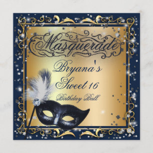 Maskenball-Maske Gold & Königlich Blau Geburtstags Einladung