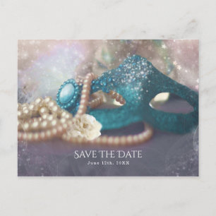 Maskenball-Maske & Perlen Regenbogen Save The Date Ankündigungspostkarte
