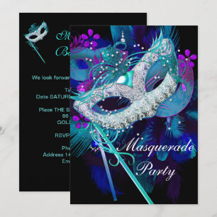 Maskenball-Party Türkisblaue schwarze Masken Sml Einladung