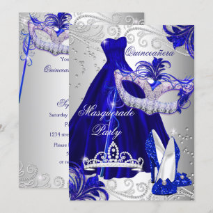 Maskenball-Quinceanera-Blau-Silber-Kleid Einladung