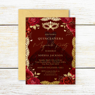 Maskenball Rot Gold Rose Kleid Quinceanera Folieneinladung