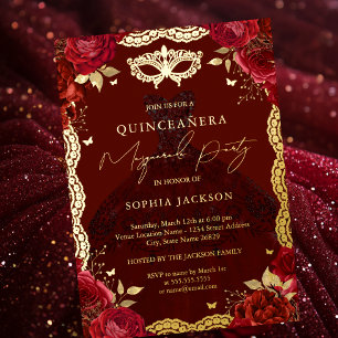 Maskenball Rot Gold Rose Kleid Quinceanera Folieneinladung