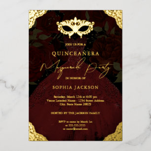 Maskenball Rot Goldmaske Kleid Quinceanera Folieneinladung