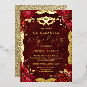 Maskenball Rot Rosen-Spitze Quinceanera Folieneinladung