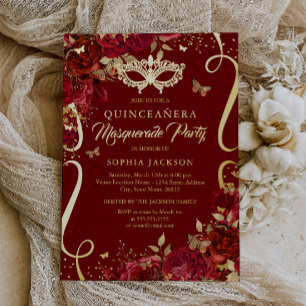 Maskenball Schmetterling Royal Rot Quinceanera Folieneinladung