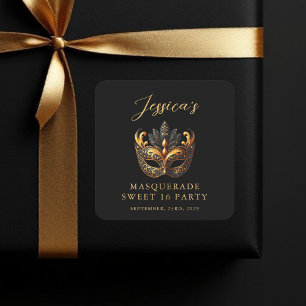 Maskenball Schwarz Gold Sweet 16 Geburtstagsfeier Quadratischer Aufkleber
