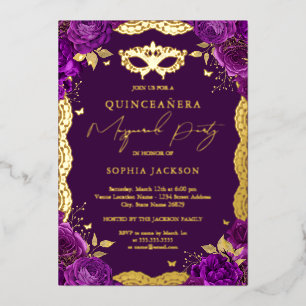 Maskenball-Violette Blumen-Spitze-Quinceanera Folieneinladung