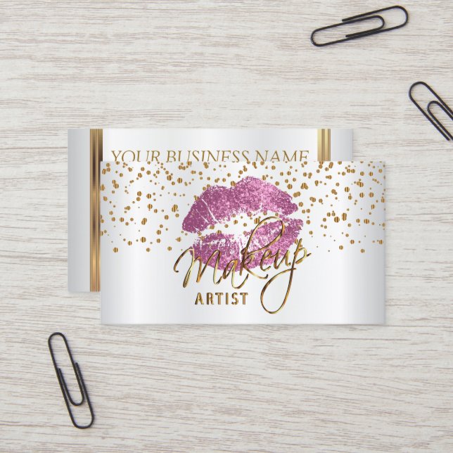 Maskenbildnergoldener Confetti u. so rosa Lippen Visitenkarte (Vorderseite/Rückseite Beispiel)