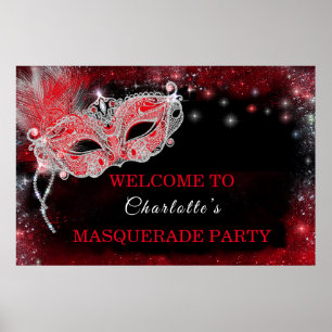 Maskenparty Willkommensschild Schwarz und Rot Poster