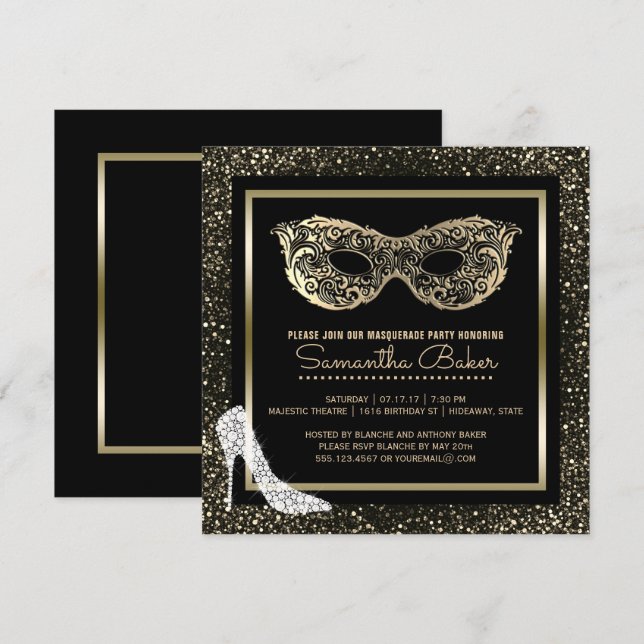 Maskerade-Ball-hoher Heels-schwarzer Goldbonbon 16 Einladung (Vorne/Hinten)