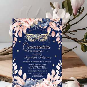 Maskerade, Blaue Blumen, Goldene Sterne Quinceañer Einladung