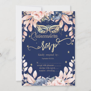 Maskerade, Blaue Blumen, Goldene Sterne RSVP Einladung