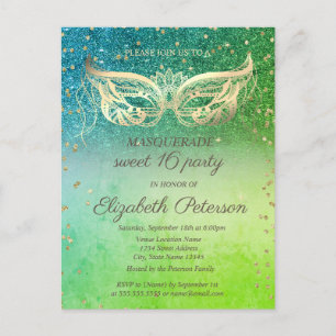 Maskerade Diamanten Grüner Glitter Sweet 16 Einladungspostkarte